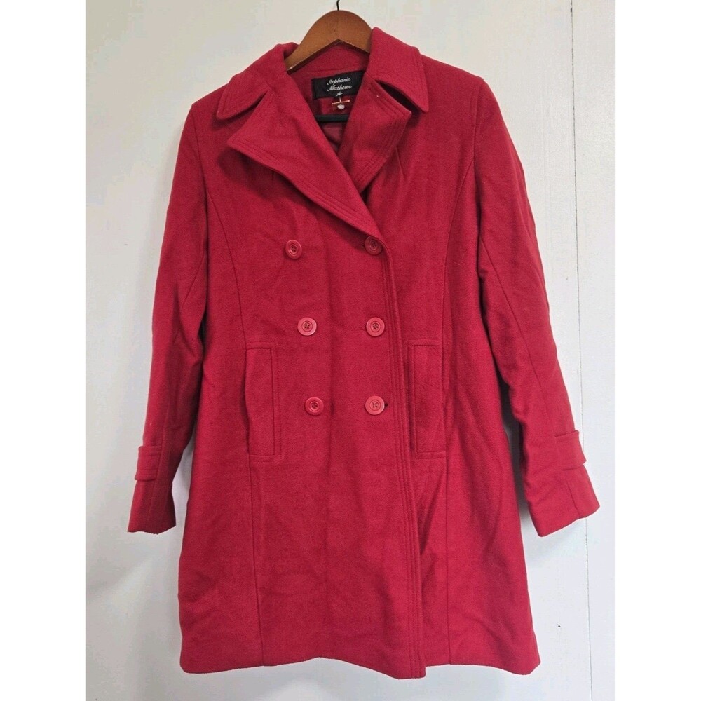 Stephanie Mathews Coat Womens M Red Double Breasted Wool Blend Old Money